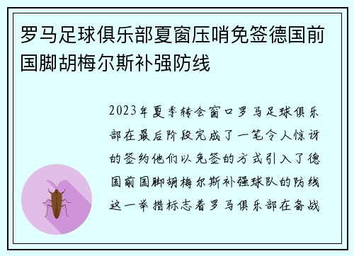 罗马足球俱乐部夏窗压哨免签德国前国脚胡梅尔斯补强防线