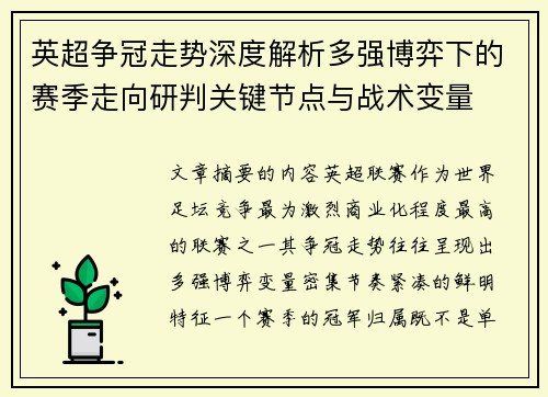 英超争冠走势深度解析多强博弈下的赛季走向研判关键节点与战术变量